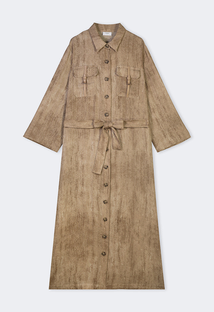 Choice Front Pockets Belted Shirt Dress Brown