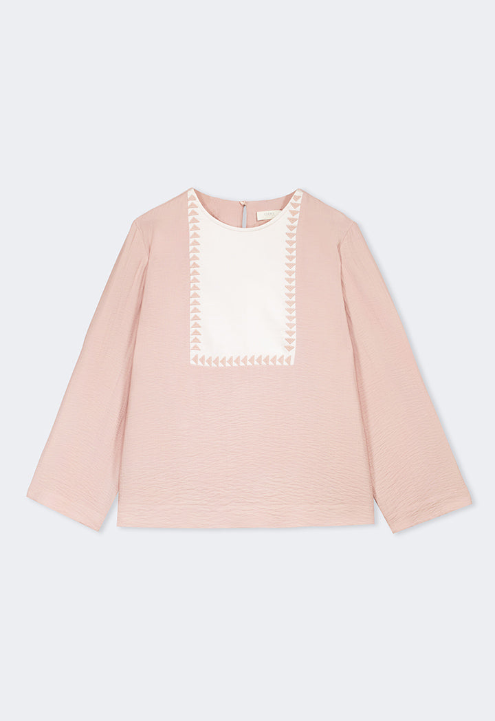 Choice Contrast Blouse With Geometric Embroidered   Blush
