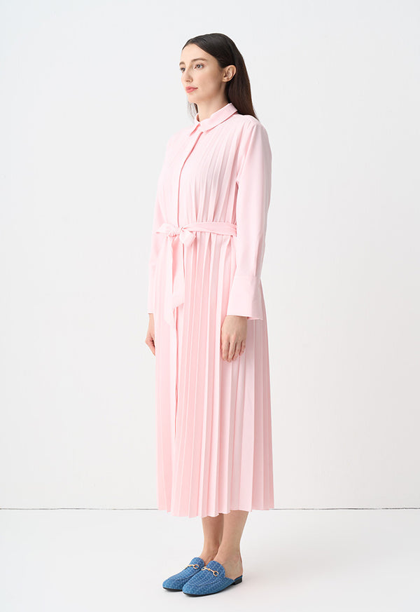 Choice Single Tone Pleated Maxi Shirt Dress Pink
