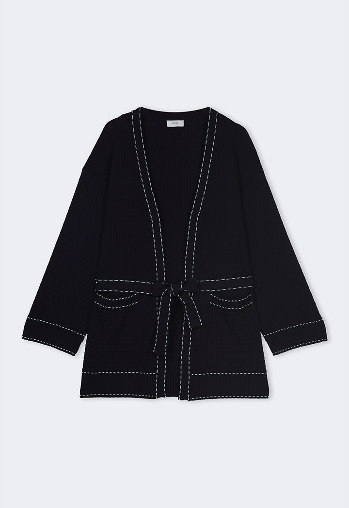 Choice Contrast Knitted Belted Cardigan Navy
