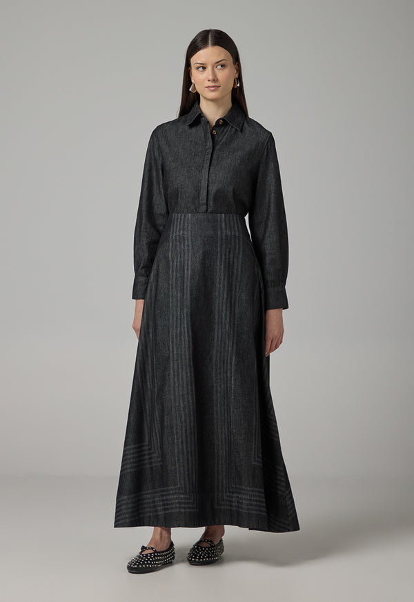 Choice Flared Denim Maxi Skirt Black