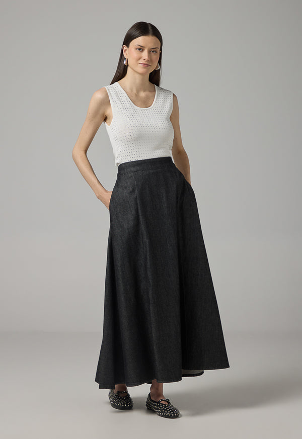 Choice Solid Flared Denim Skirt Black