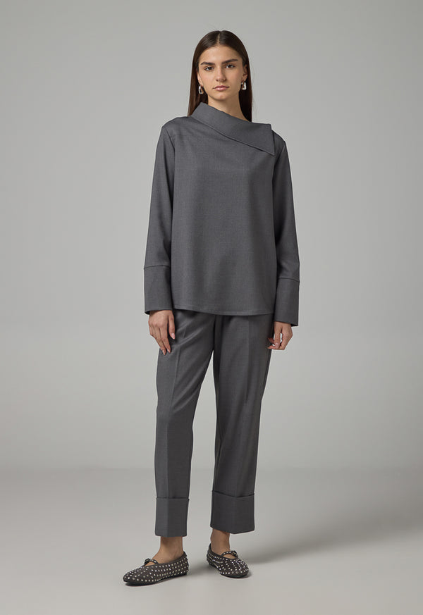 Choice Asymmetrical Neck Blouse Grey