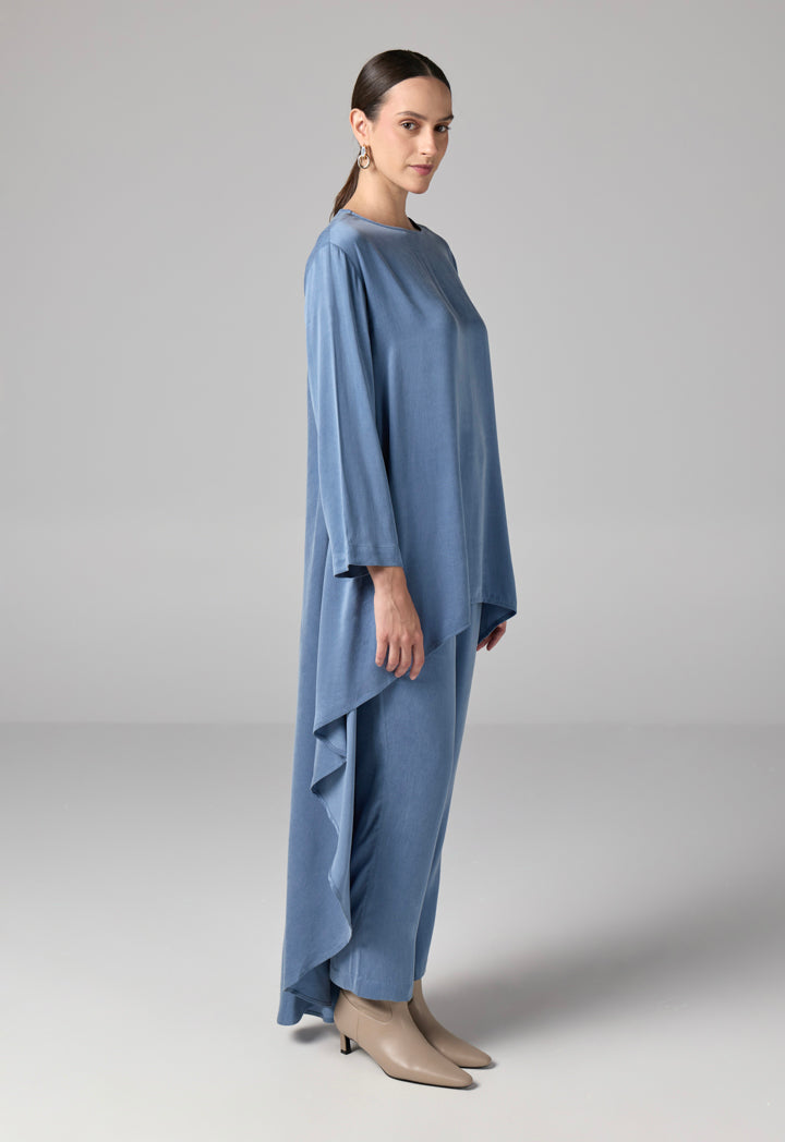 Choice Solid Asymmetrical Blouse  Blue