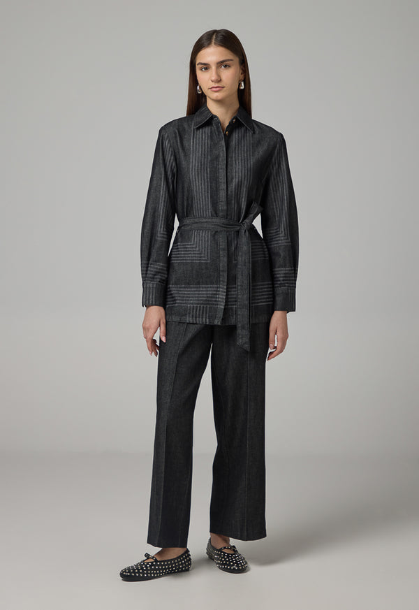 Choice Striped Belted Denim Shirt Black