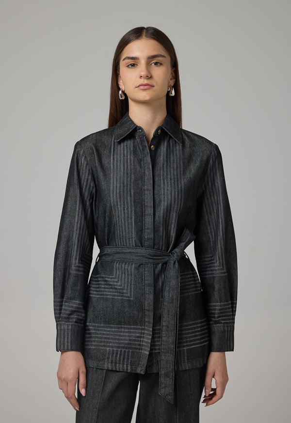 Choice Striped Belted Denim Shirt Black