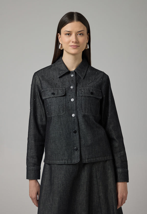 Choice Crystal Embellished Denim Jacket Black
