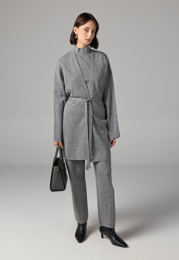 Choice Long Sleeves Knitted Belted Cardigan Grey