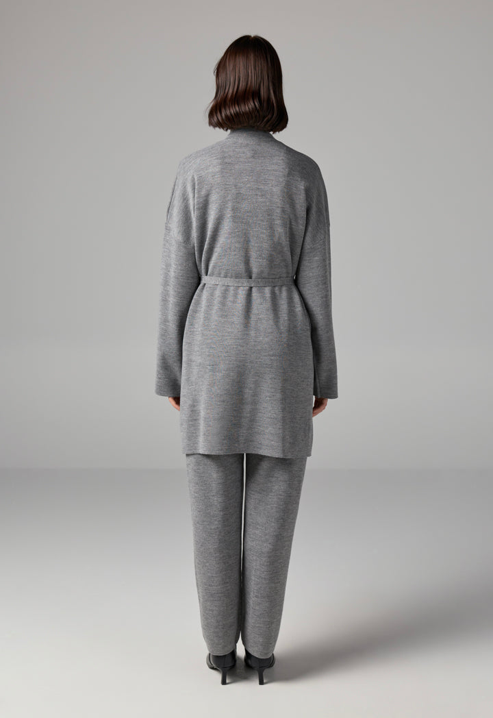 Choice Long Sleeves Knitted Belted Cardigan Grey