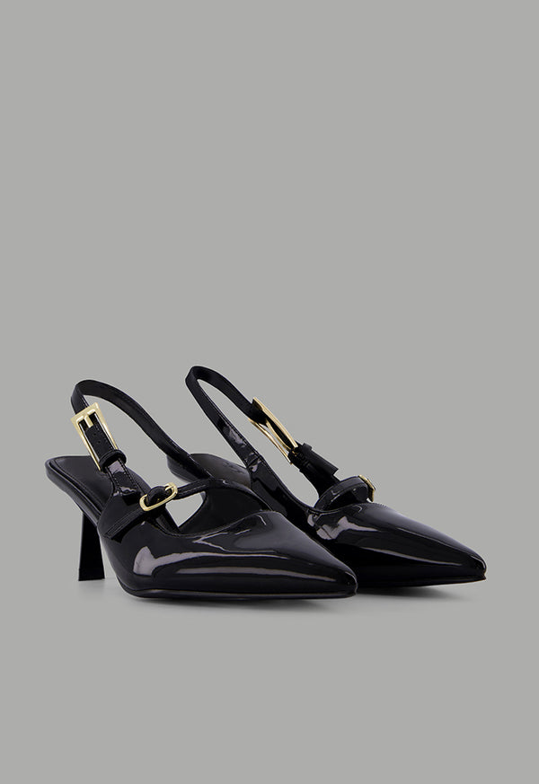 Choice Glossy Strap Sling Back Heels Black