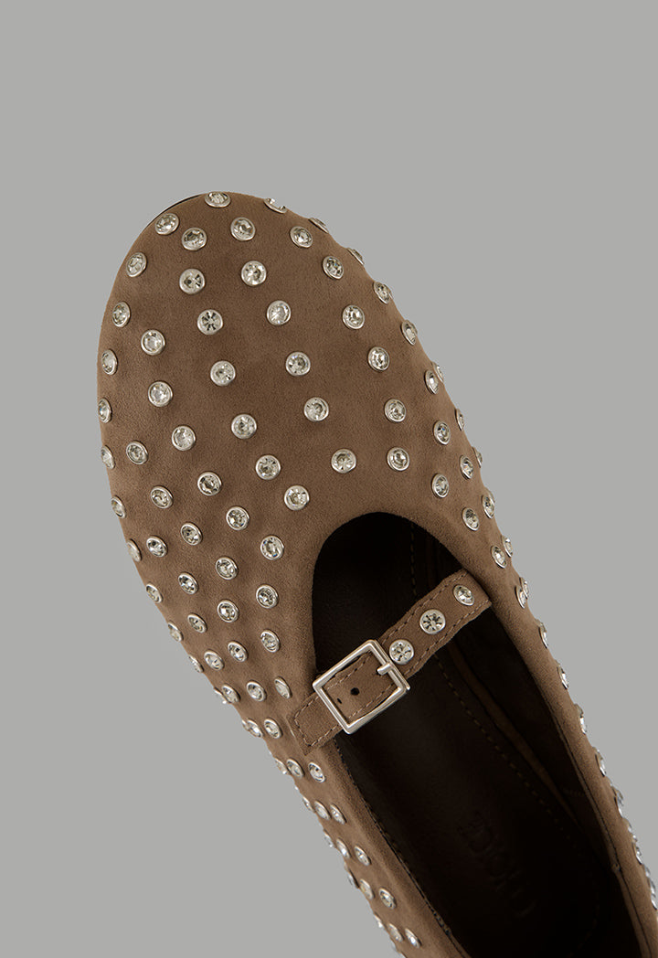 Choice Crystal Embellished Flat Ballerinas Dark Beige