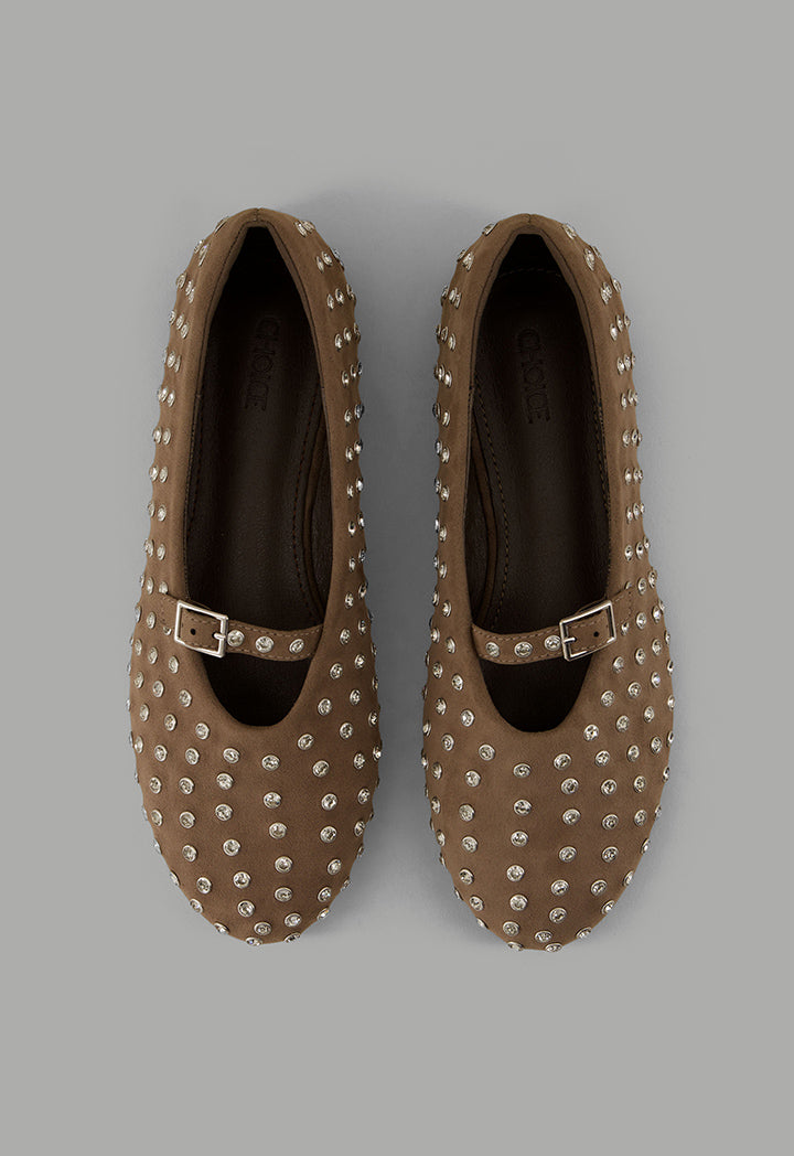 Choice Crystal Embellished Flat Ballerinas Dark Beige