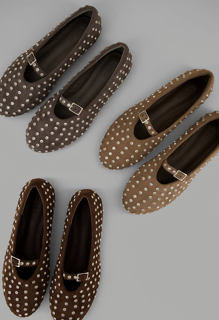 Choice Crystal Embellished Flat Ballerinas Dark Beige