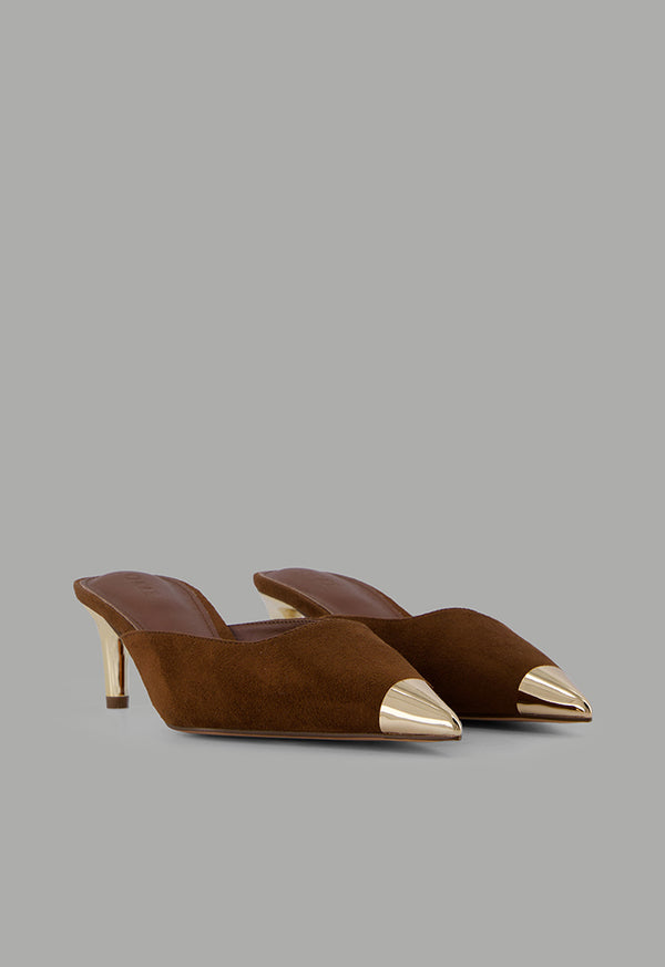 Choice Metallic Suede Heeled Mules Brown