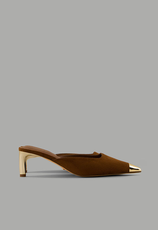 Choice Metallic Suede Heeled Mules Brown