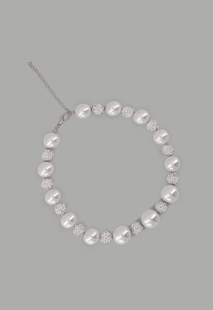 Choice Round Crystal Faux Pearls Necklace Off White
