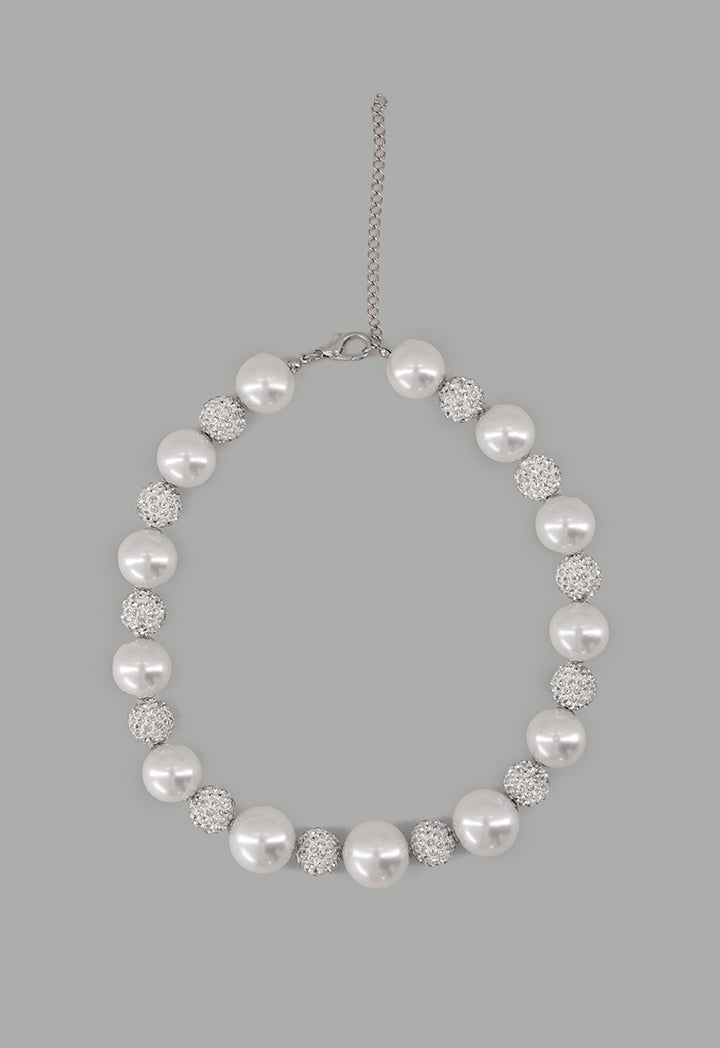Choice Round Crystal Faux Pearls Necklace Off White