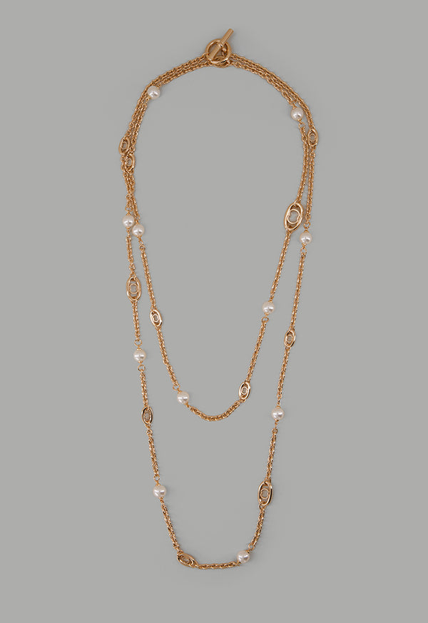 Choice Long Faux Pearls Metallic Necklace Gold