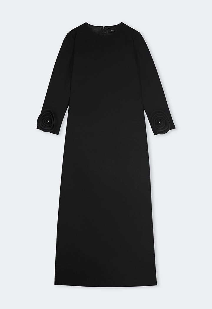 Choice Long Sleeves 3D Flowers Patch Maxi Dress Black