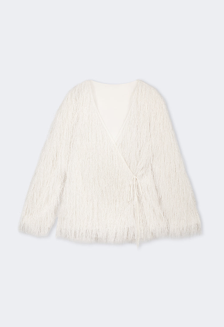 Choice Basic Fringe Long Sleeve Kimono Off White