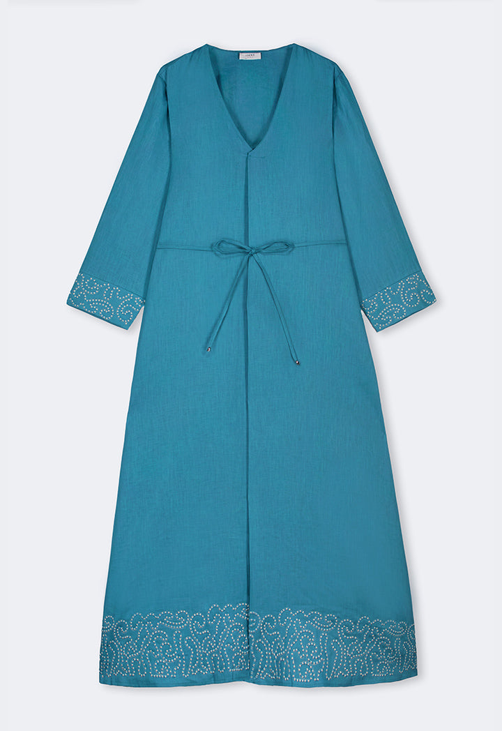 Choice Solid V-Neck Linen Dress Blue