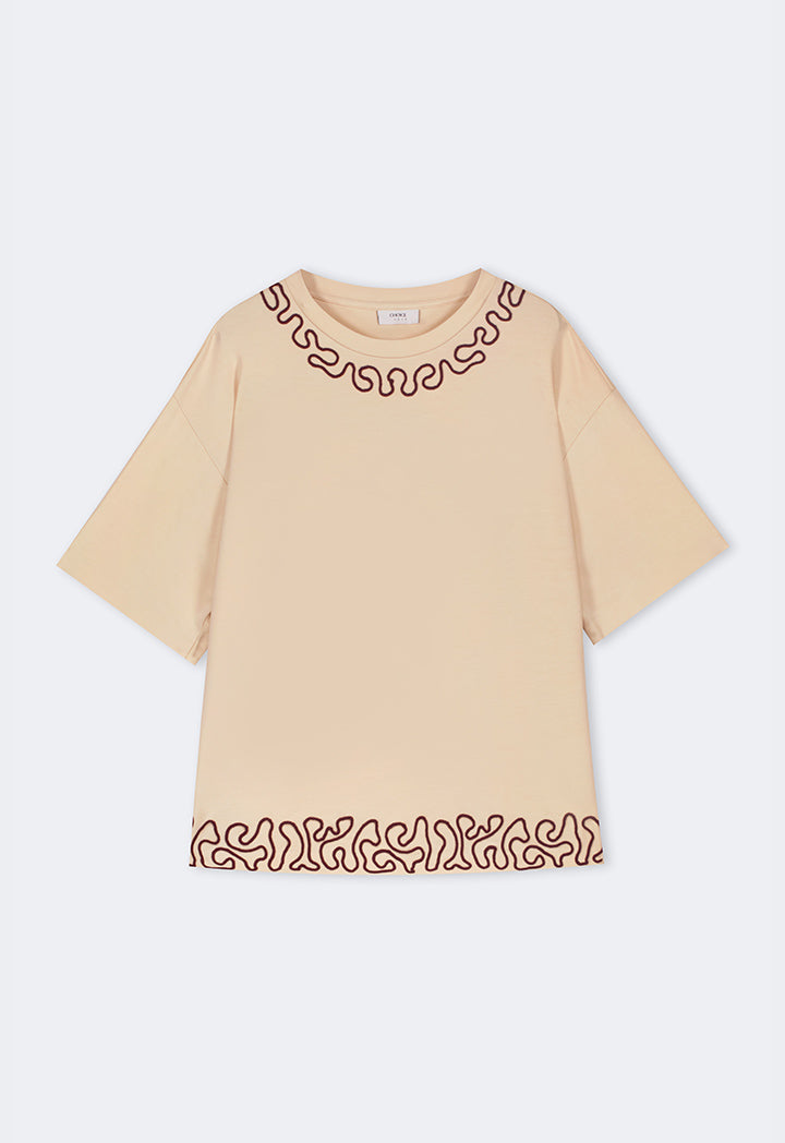 Choice Embroidered Contrast T-Shirt Beige