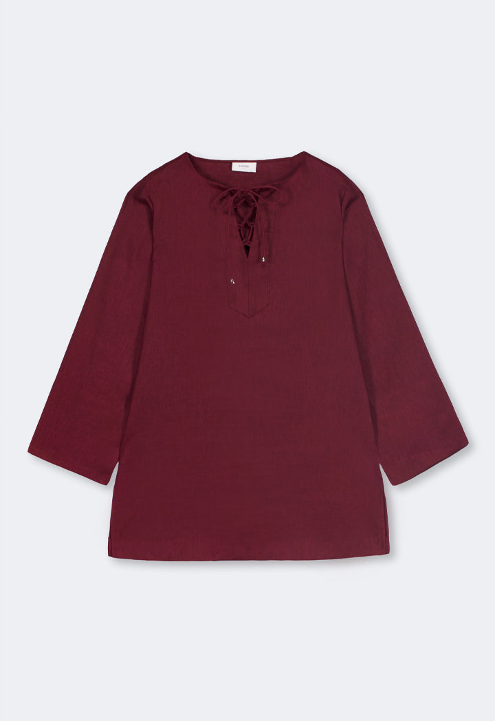 Choice Solid Drawstring Linen Shirt Brown