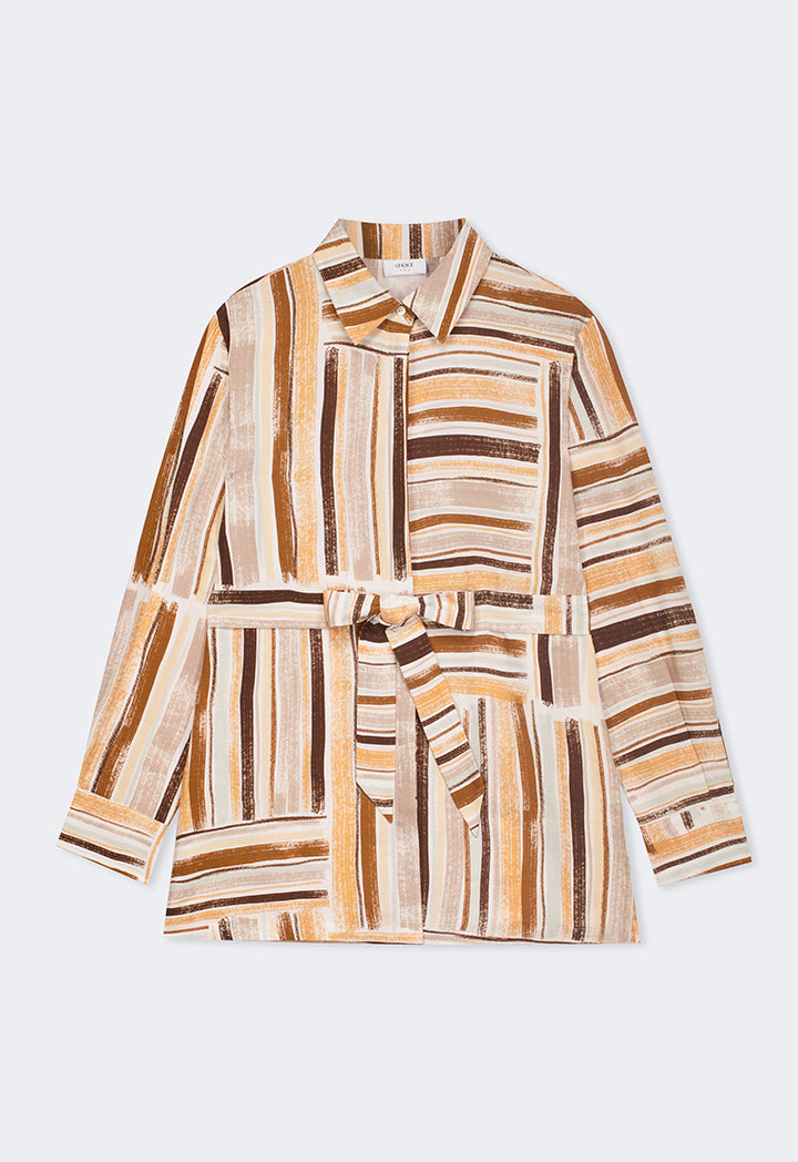 Choice Long Sleeve Belted Printed Shirt Multi Color