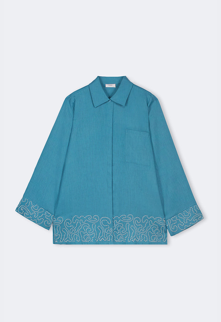 Choice Embroidered Contrast Linen Shirt Blue