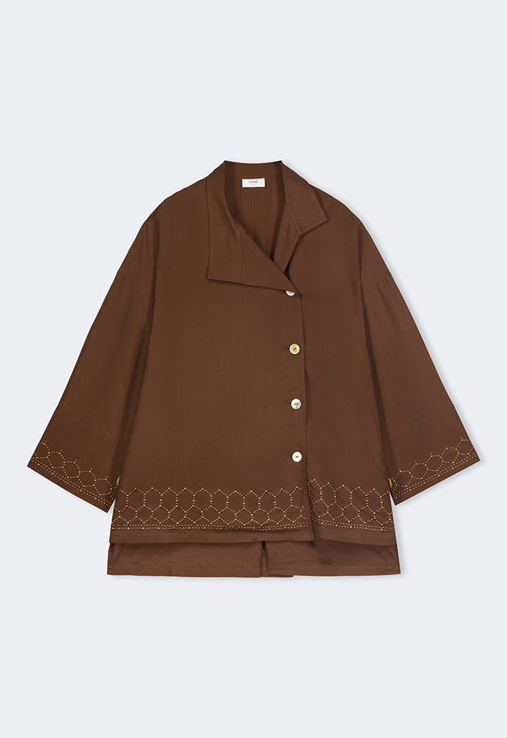 Choice High-Low Long Sleeve Solid Shirt Brown