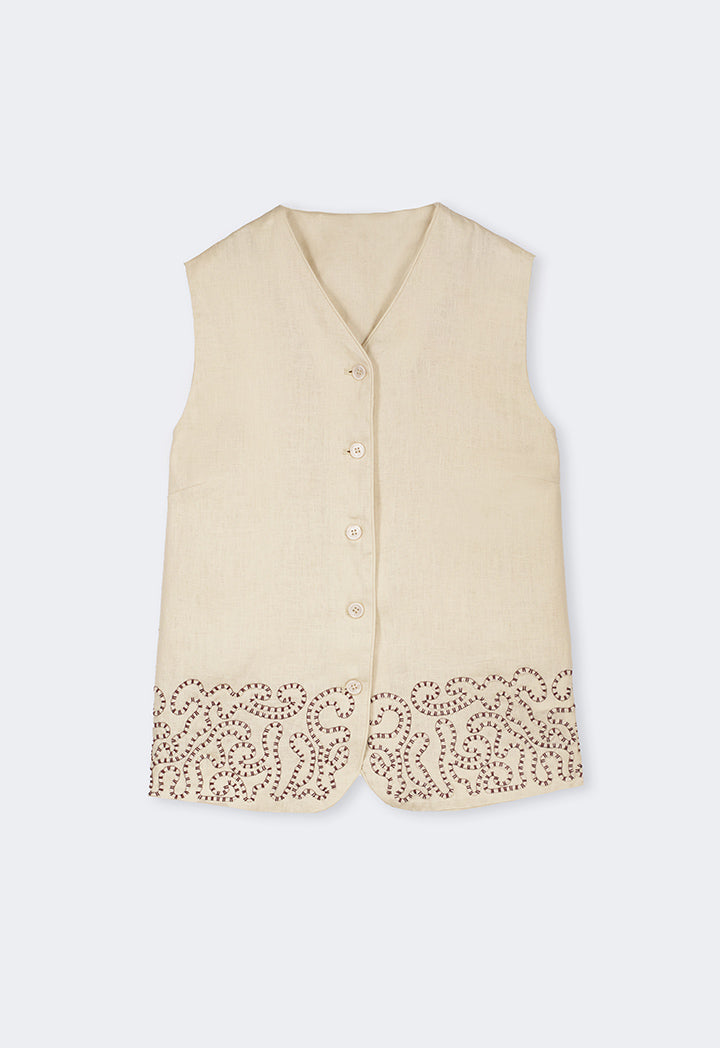 Choice Embroidered Sleeveless Gilet Beige