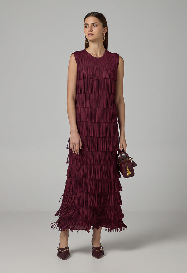 Choice Fringe Detail Sleeveless Dress Burgundy