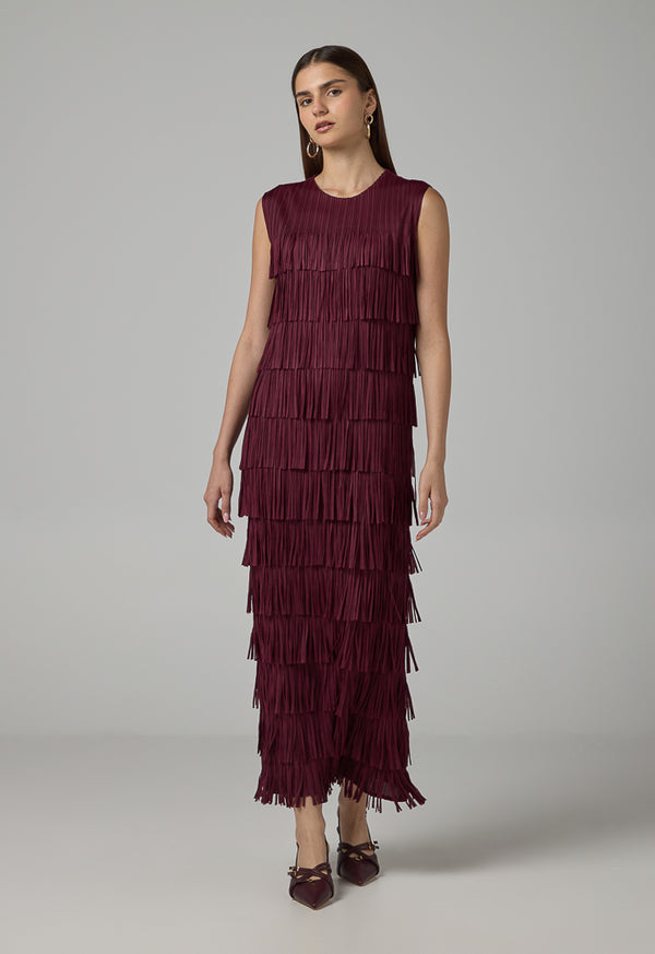 Choice Fringe Detail Sleeveless Dress Burgundy