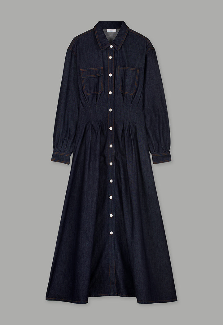 Choice Long Sleeve Solid Denim Dress Indigo