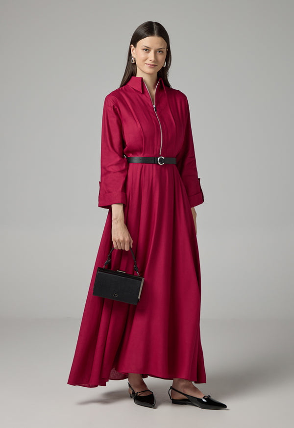 Choice Solid Belted Flared Dress Fuchsia