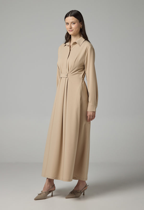 Choice Solid Long Sleeves Maxi Dress Beige