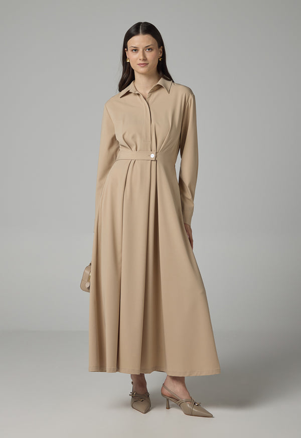Choice Solid Long Sleeves Maxi Dress Beige