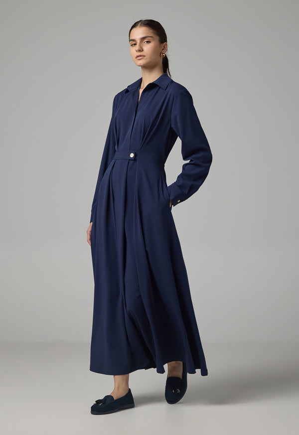 Choice Solid Long Sleeves Maxi Dress Navy