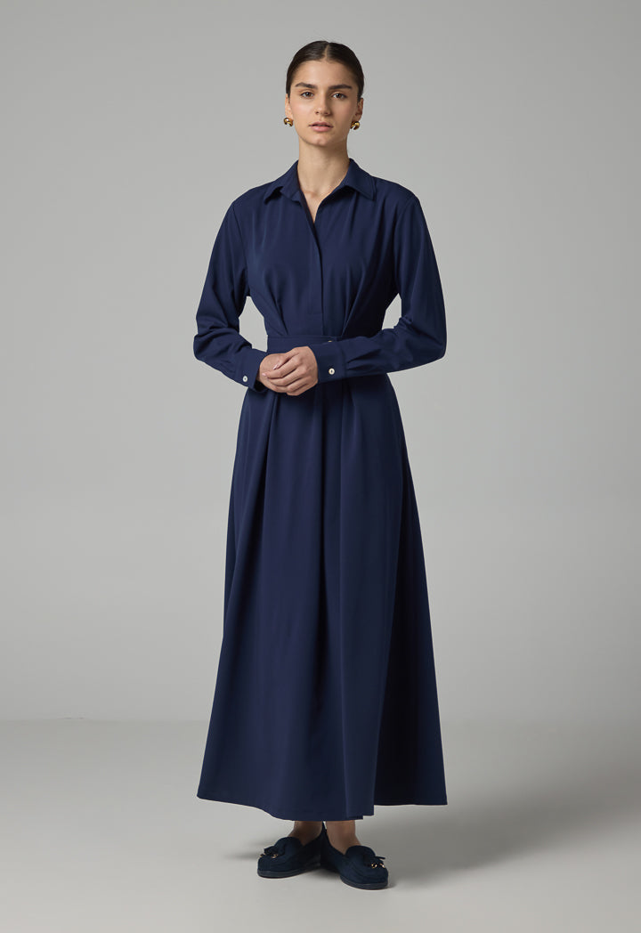 Choice Solid Long Sleeves Maxi Dress Navy