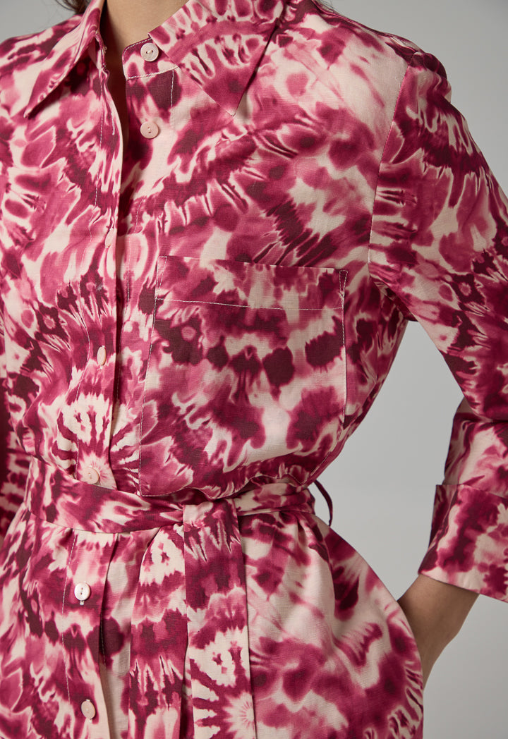 Choice Printed Belted Shirt Dress Multi Color