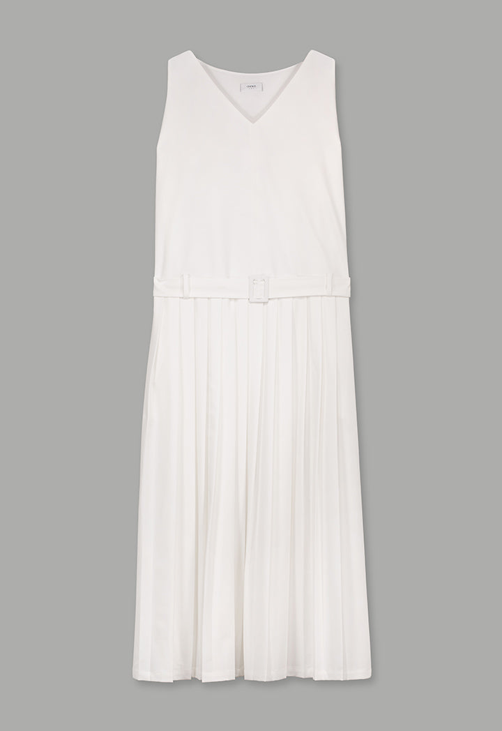 Choice Sleeveless Pleated Solid Dress Off White