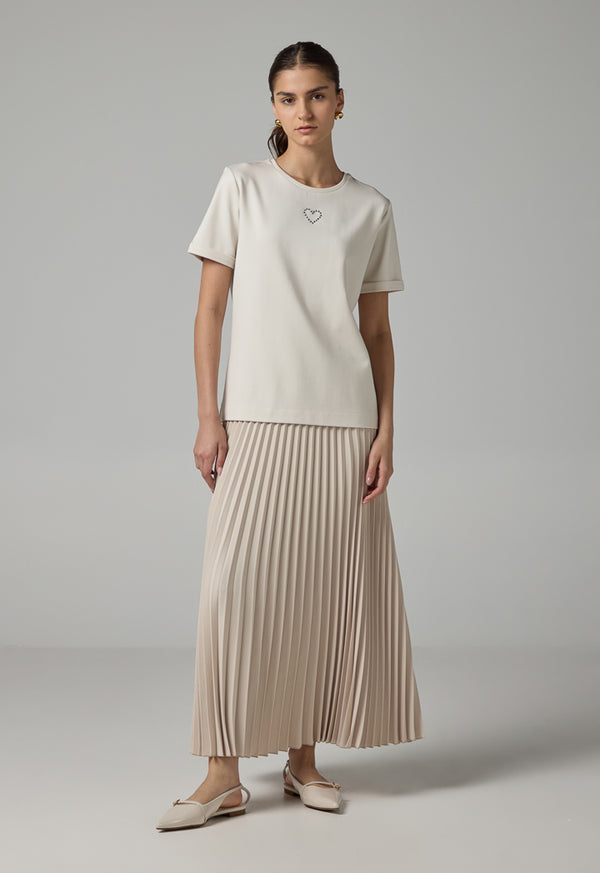 Choice Crystal Embellished Solid T-Shirt Beige