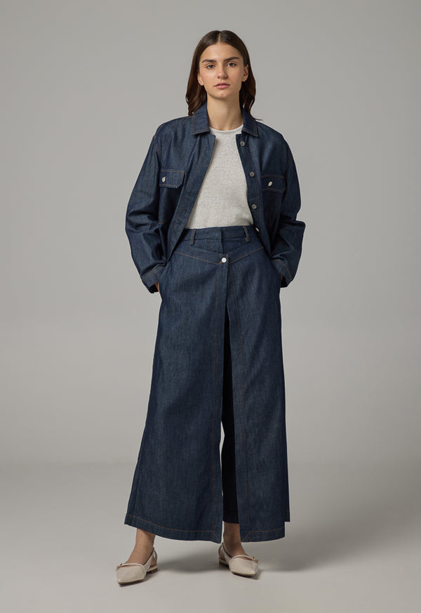 Choice Solid Wide Leg Overlap Denim Trousers  Indigo