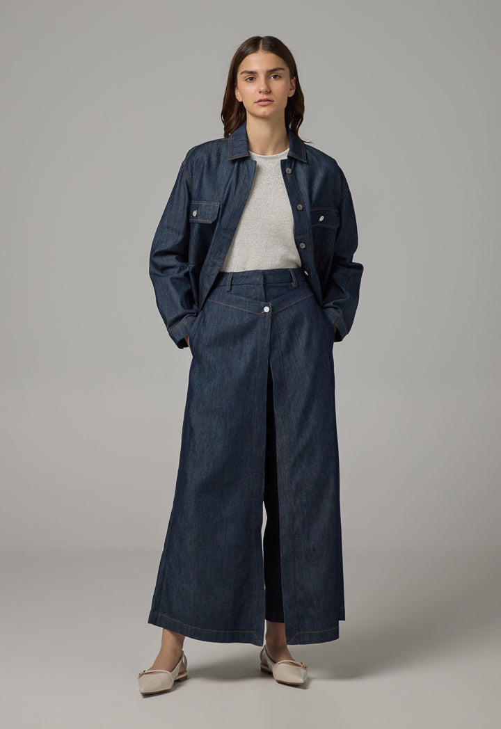 Choice Solid Wide Leg Overlap Denim Trousers  Indigo