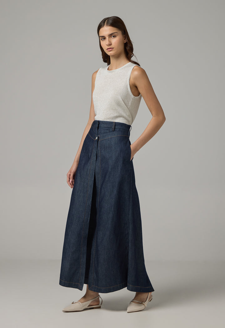 Choice Solid Wide Leg Overlap Denim Trousers  Indigo