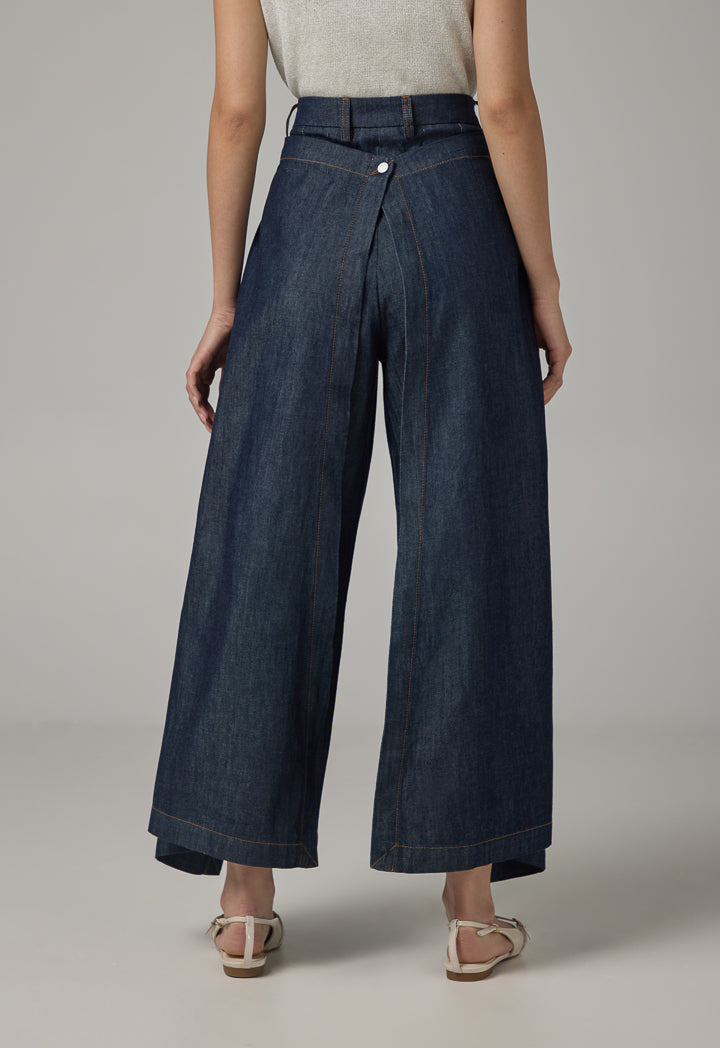 Choice Solid Wide Leg Overlap Denim Trousers  Indigo