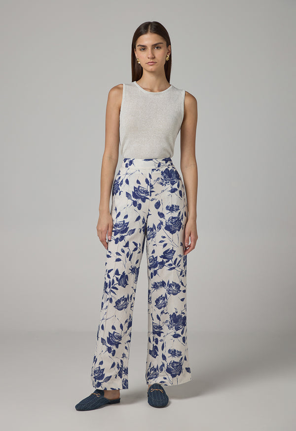 Choice Floral Print Straight Wide Leg Trousers Off White