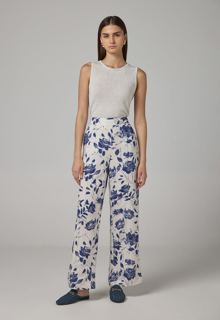 Choice Floral Print Straight Wide Leg Trousers Off White