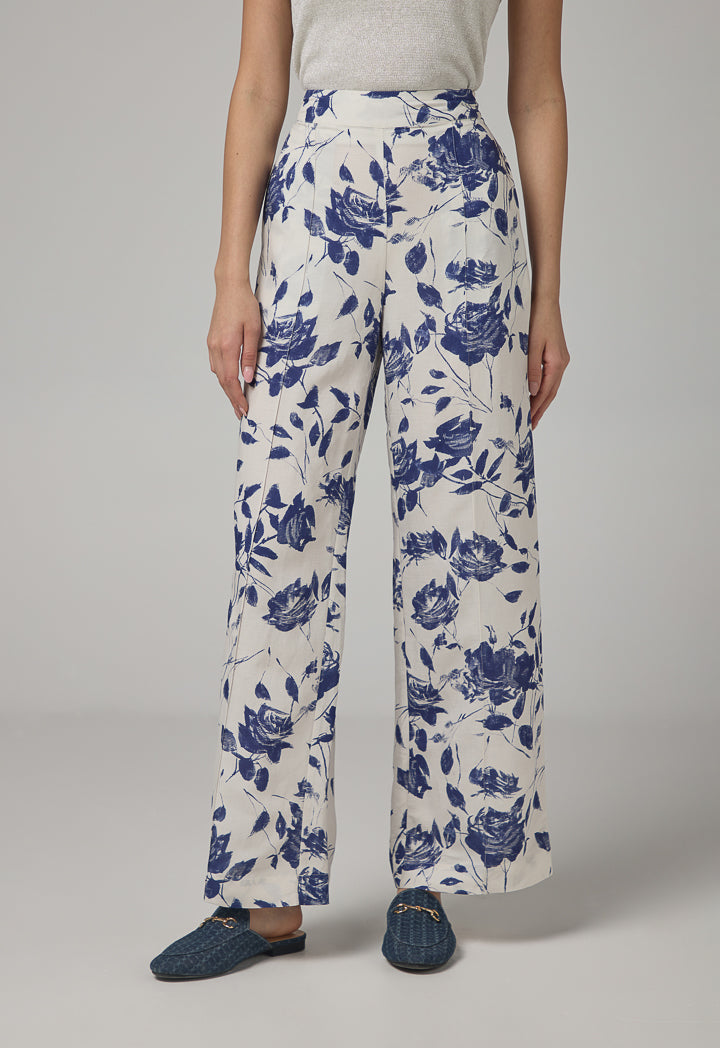 Choice Floral Print Straight Wide Leg Trousers Off White