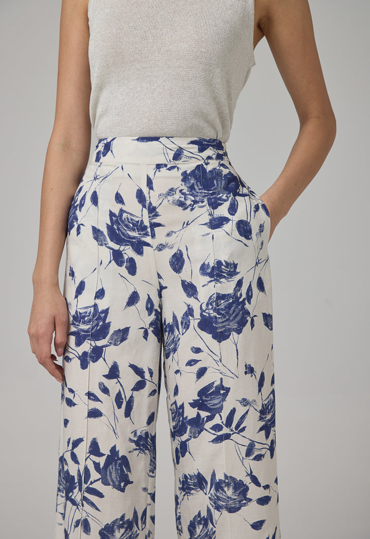 Choice Floral Print Straight Wide Leg Trousers Off White